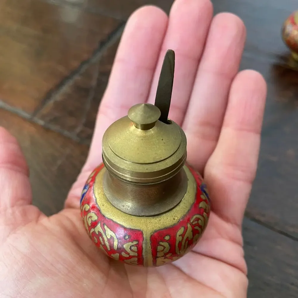 Vintage Brass Enamel Salt Pepper Asian Condiment Set Mid Century Thai Red Gold